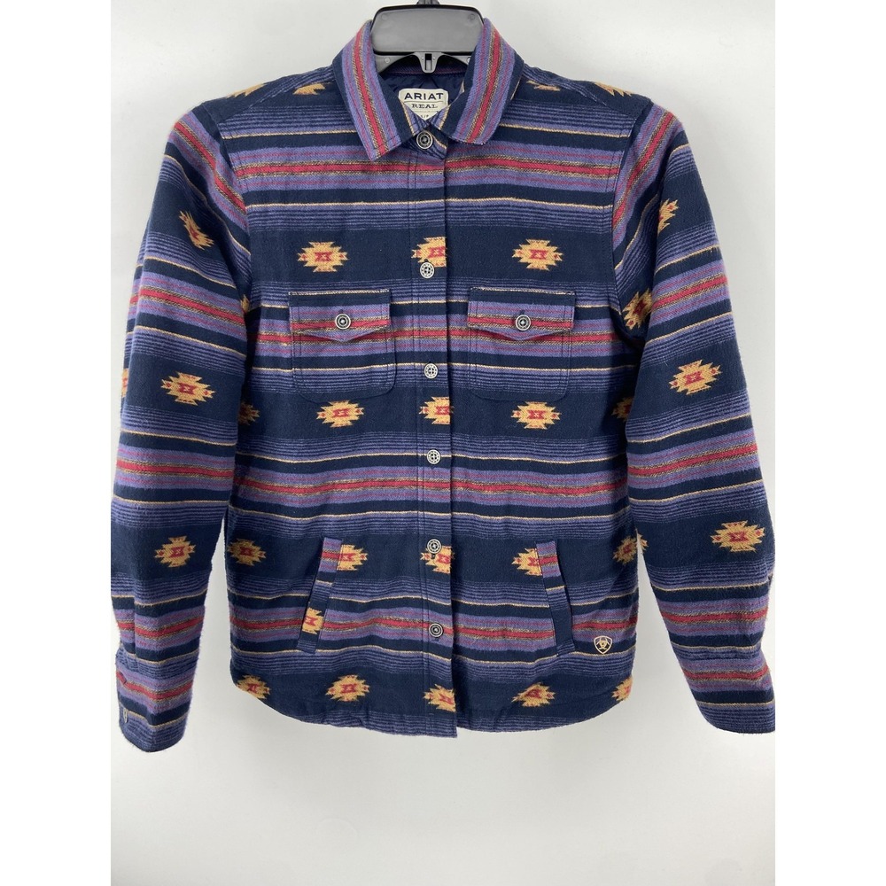 Ariat REAL Jacket Women Small Blue Aztec Shacket Western Stripe Flannel Quilted